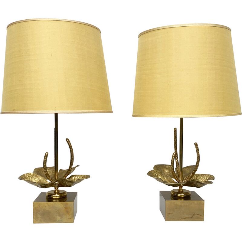 Pair of vintage Nenuphar Water Lily table lamps in bronze and brass for Maison Charles, France 1960