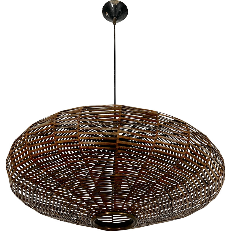 Vintage rattan and brass chandelier, Italy 1950