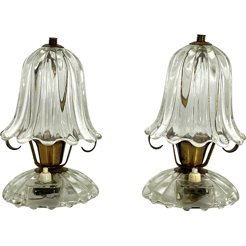 Paire de lampes de table vintage en verre de Murano et laiton par Ercole Barovier, 1940
