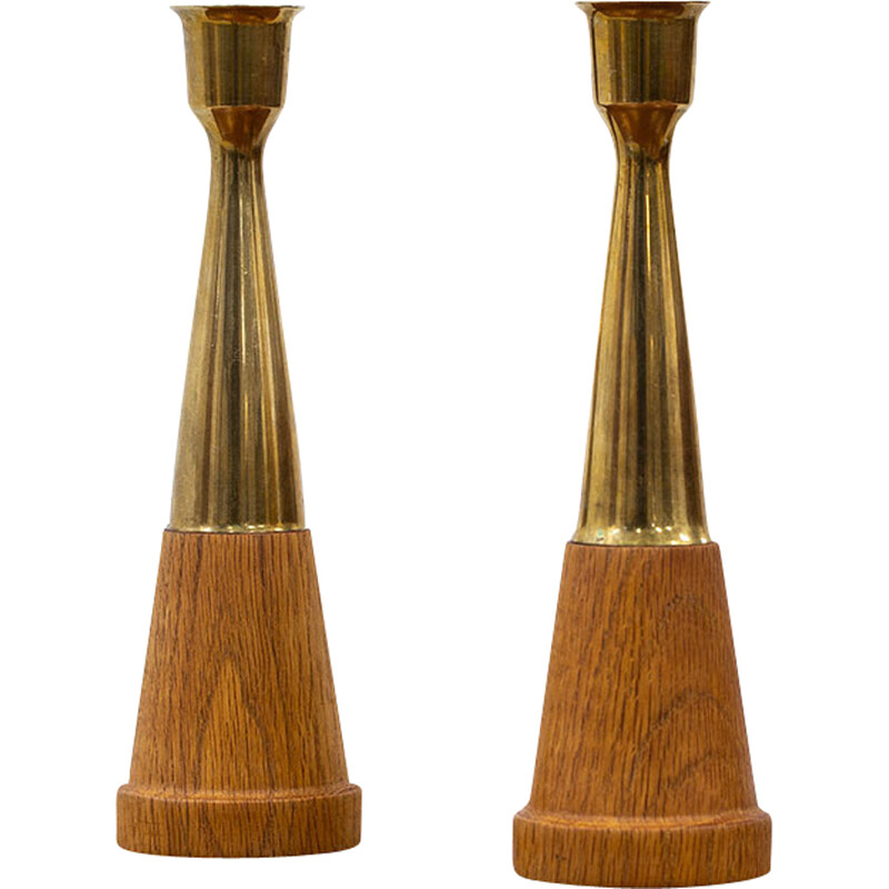 Pair of vintage oak and brass candlesticks, 1960