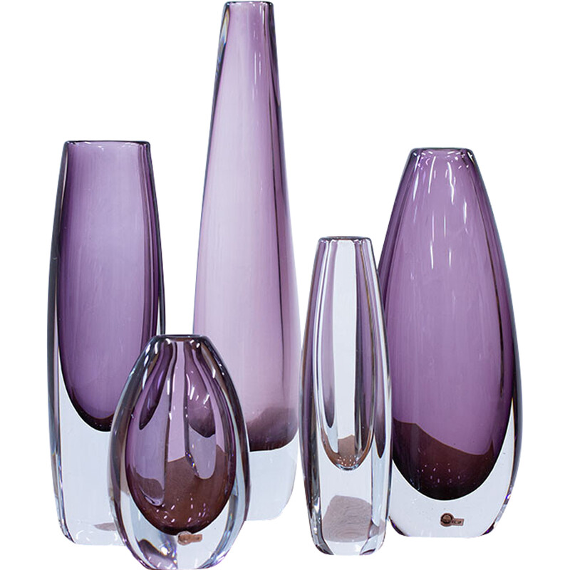 Set of 5 vintage glass vases by Gunnar Nylund and Asta Strömberg for Strömbergshyttan, Sweden 1950