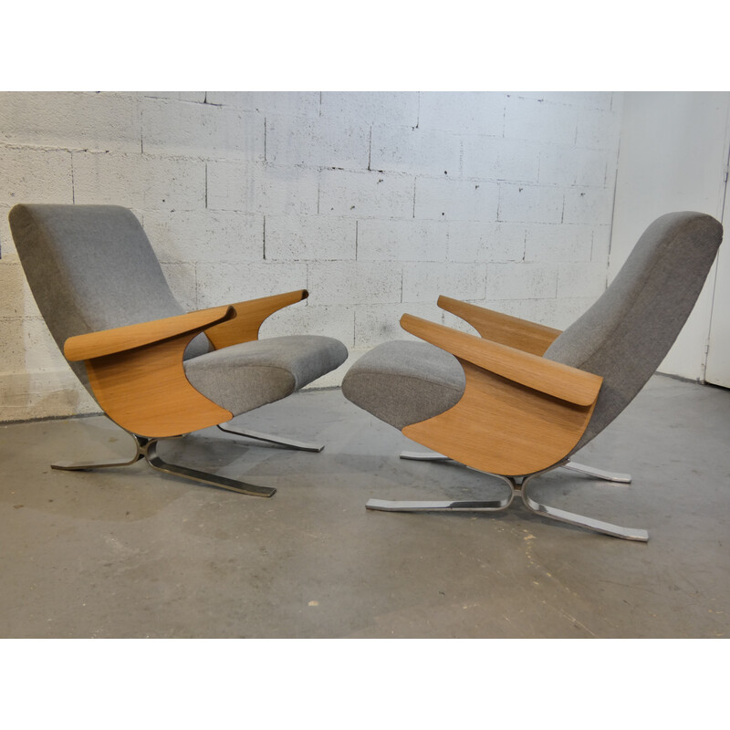 Pair of vintage armchairs in oak and fabric by François Letourneur for Maurice Mourra, 1961