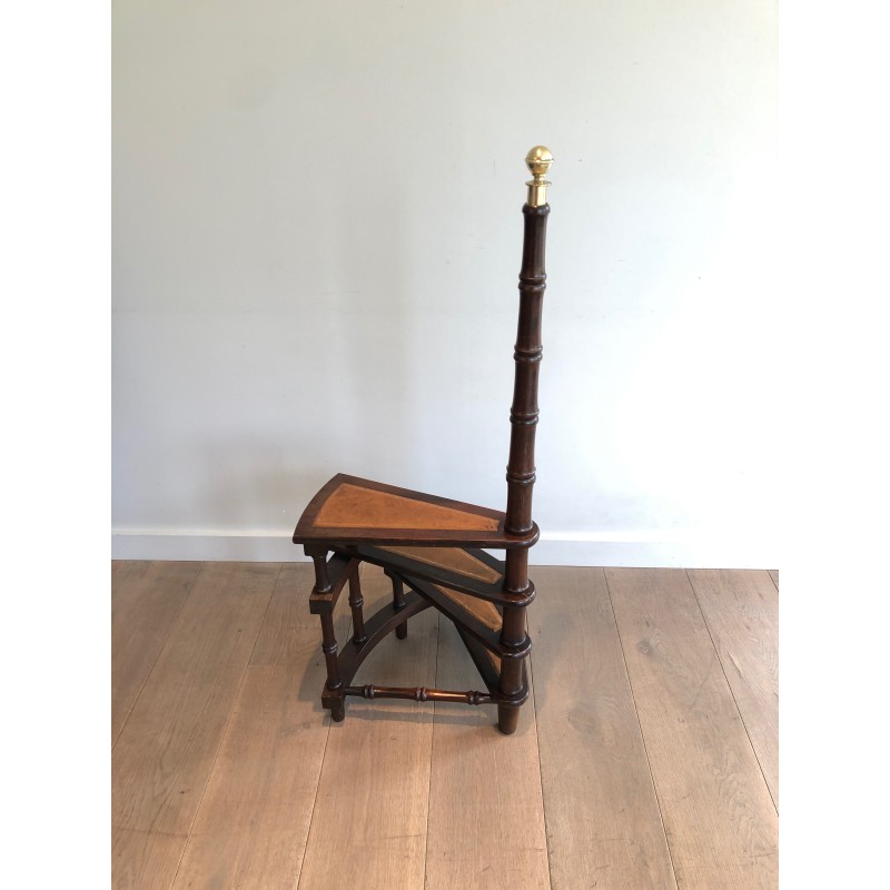 Vintage mahogany and brass library stool, France 1940