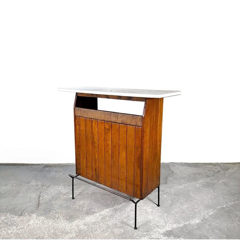 Vintage wrought iron and oak bar by Arthur Umanoff for Raymor, 1950