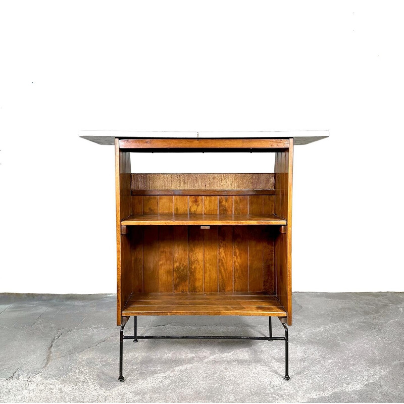Vintage wrought iron and oak bar by Arthur Umanoff for Raymor, 1950