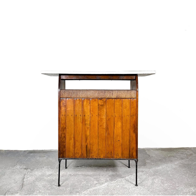 Vintage wrought iron and oak bar by Arthur Umanoff for Raymor, 1950