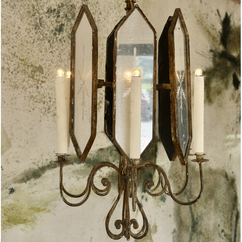 Vintage wrought iron chandelier with 6 branches, France 1940