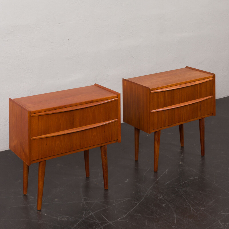 Pair of vintage teak veneer bedside tables with 2 drawers, Denmark 1960