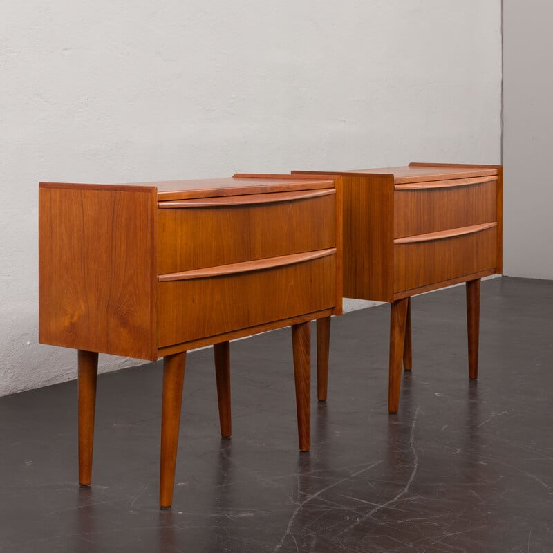 Pair of vintage teak veneer bedside tables with 2 drawers, Denmark 1960