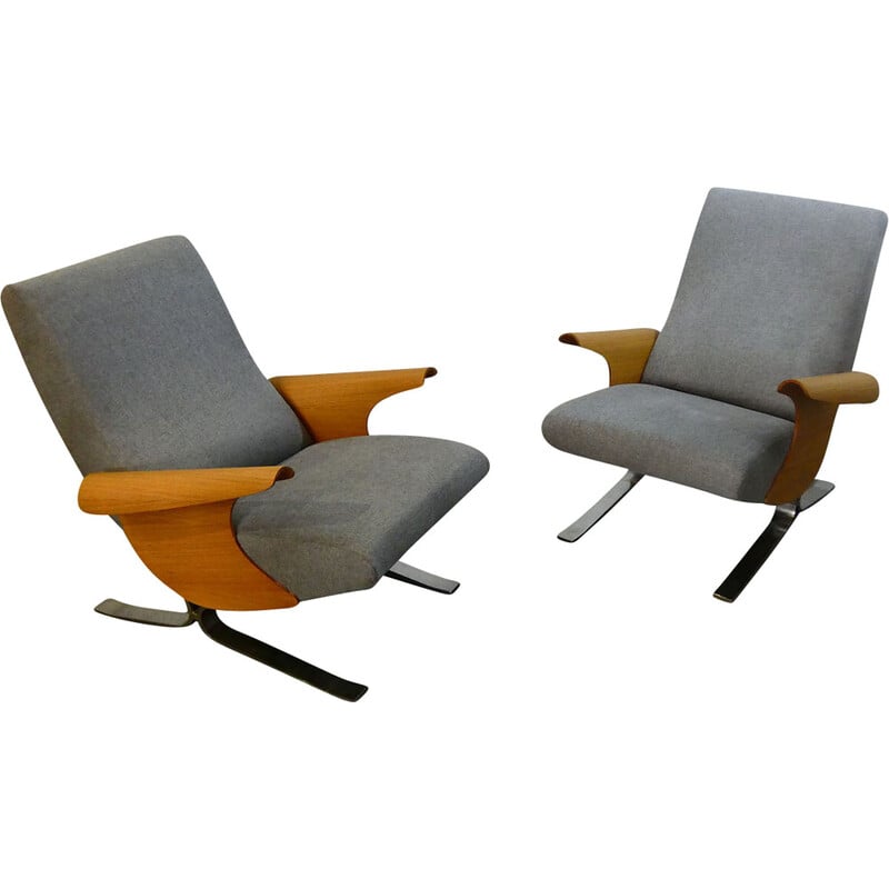 Pair of vintage armchairs in oak and fabric by François Letourneur for Maurice Mourra, 1961