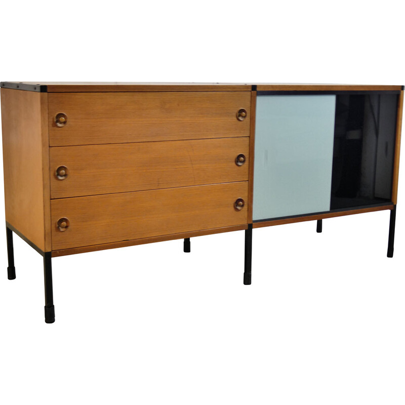 Vintage Arp sideboard in ash veneer and black lacquered metal by Pierre Guariche for Minvielle, 1960