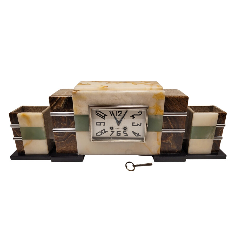 Horloge met vintage Art Deco decoratie in marmer en brons door L. Lesieur, Frankrijk 1940