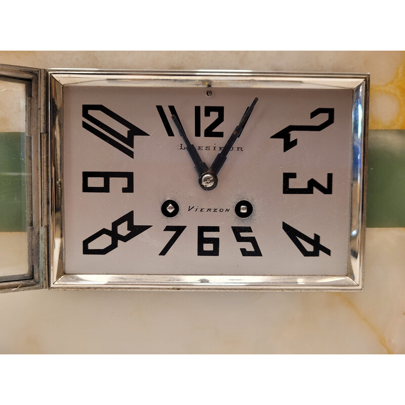 Horloge met vintage Art Deco decoratie in marmer en brons door L. Lesieur, Frankrijk 1940