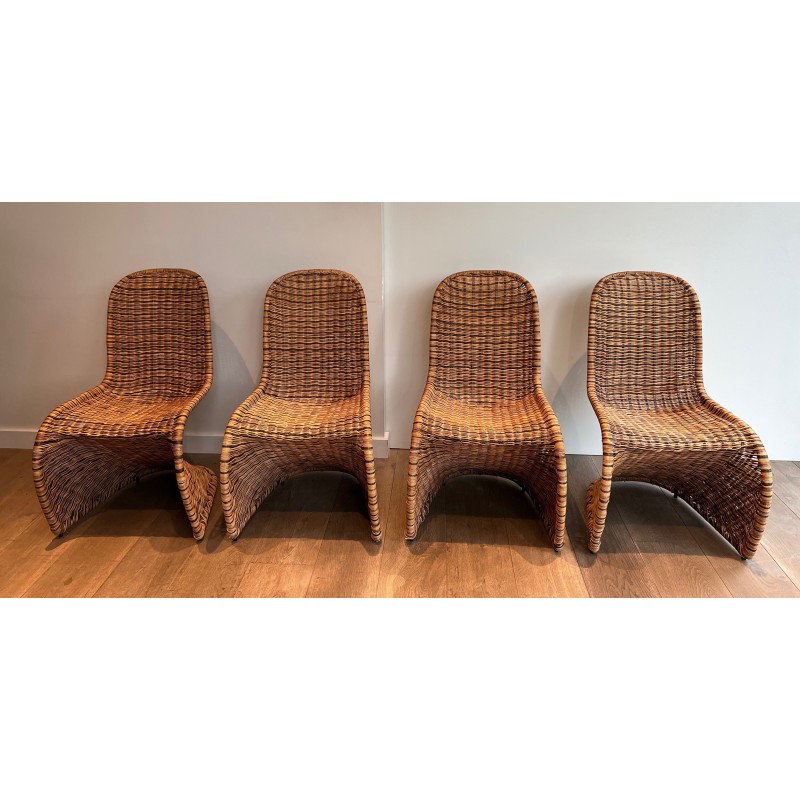 Set of 4 vintage curved rattan chairs, France 1970