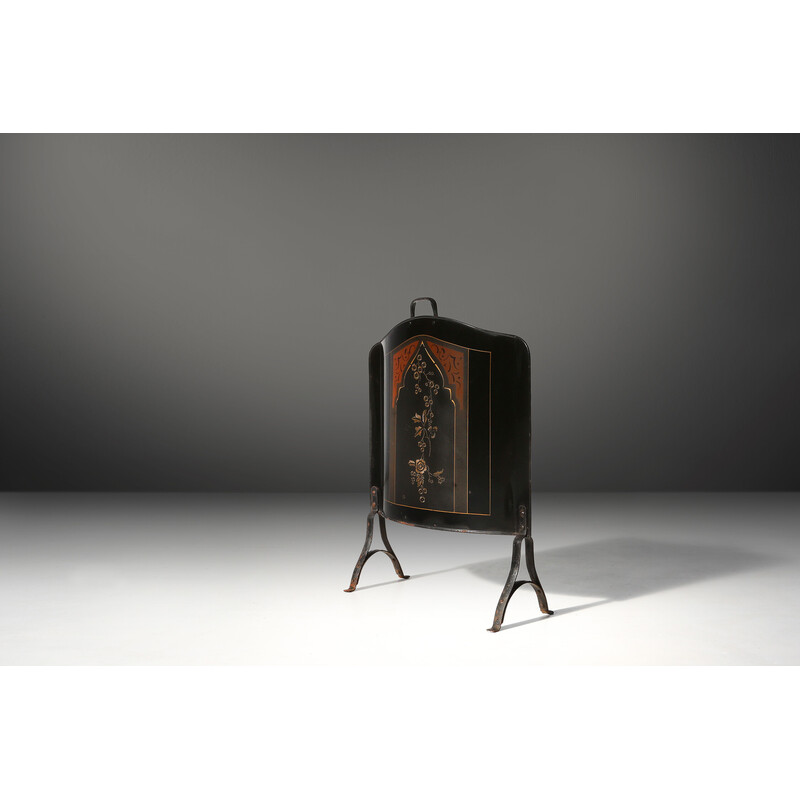 Vintage Art Nouveau iron fire screen with drawing, Belgium