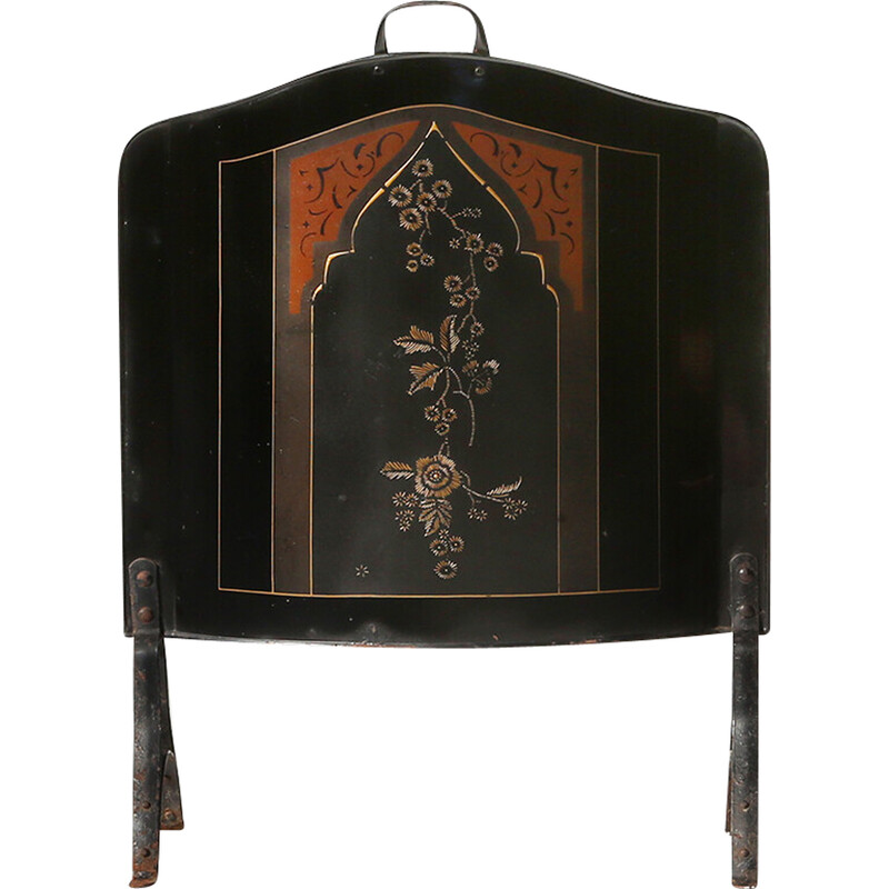 Vintage Art Nouveau iron fire screen with drawing, Belgium