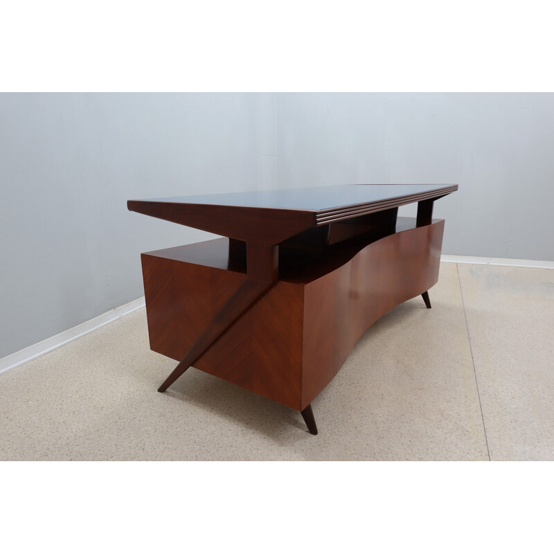 Vintage curved desk in mahogany wood and glass, Italy 1950