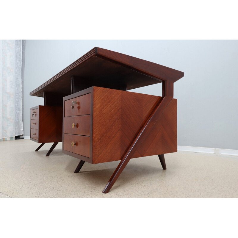 Bureau vintage incurvé en bois d'acajou et verre, Italie 1950