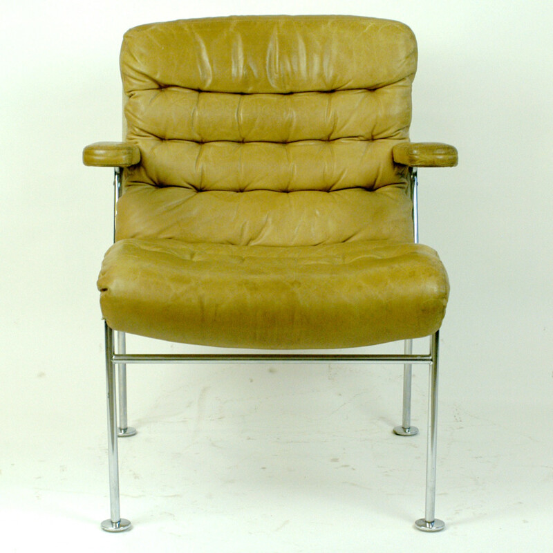 Beige Birgitta armchair in leather and chromium by Bruno Mathsson - 1960s