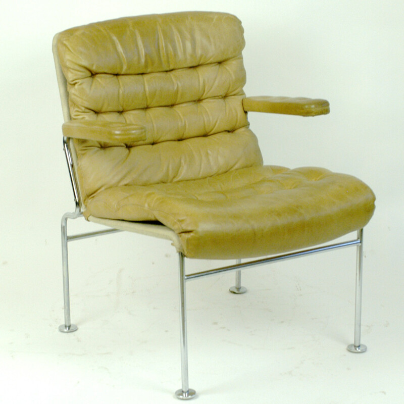 Beige Birgitta armchair in leather and chromium by Bruno Mathsson - 1960s