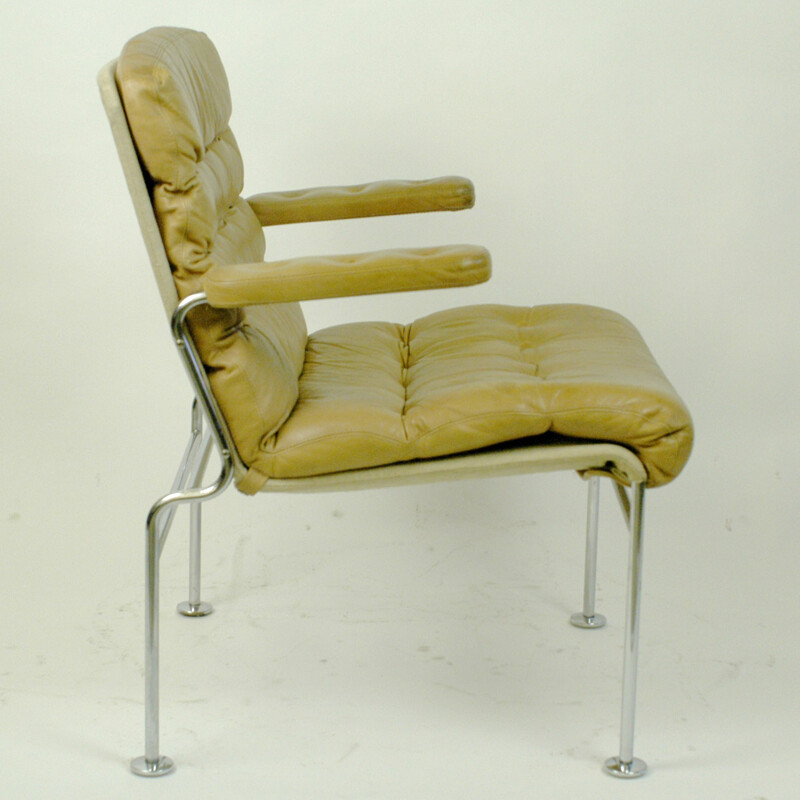 Beige Birgitta armchair in leather and chromium by Bruno Mathsson - 1960s