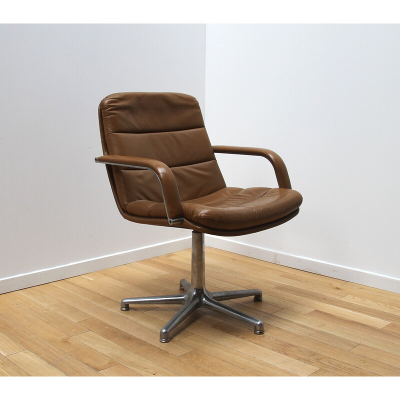 Vintage Channel office chair in brown leather and aluminum by Geoffrey Harcourt for Artifort, 1970