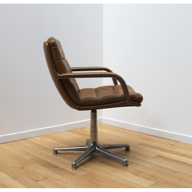 Vintage Channel office chair in brown leather and aluminum by Geoffrey Harcourt for Artifort, 1970