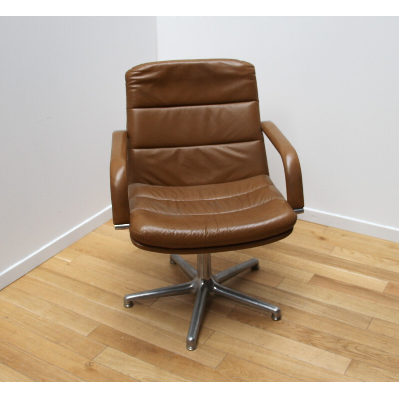 Vintage Channel office chair in brown leather and aluminum by Geoffrey Harcourt for Artifort, 1970