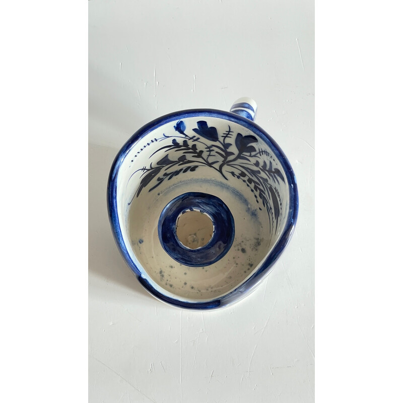Vintage hand-held candlestick in blue ceramic