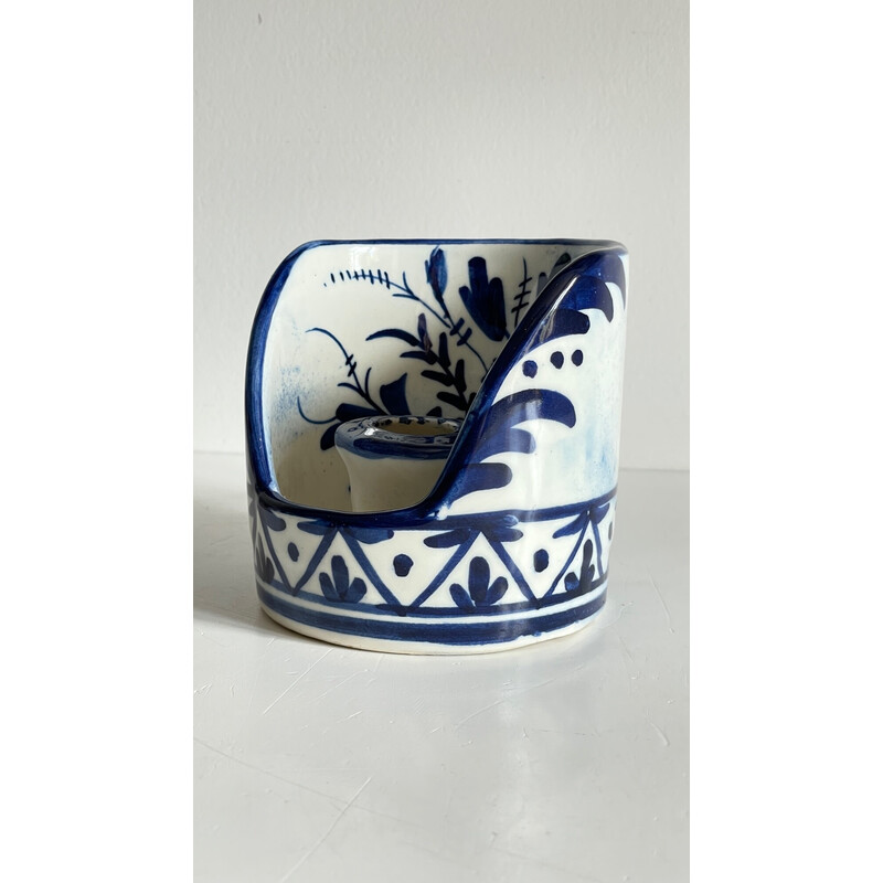 Vintage hand-held candlestick in blue ceramic