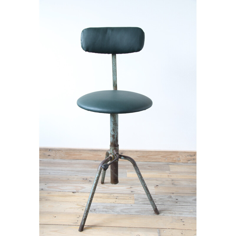 Vintage green industrial swivel chair in metal and leatherette - 1940s