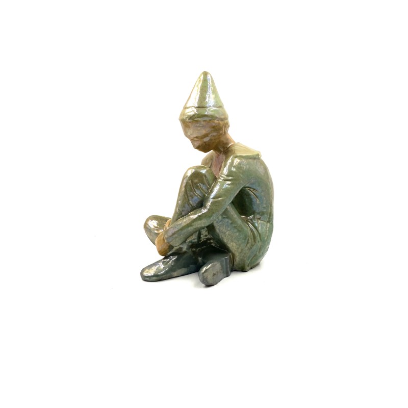 Vintage green ceramic figurine of a seated boy by Giordano Tronconi, Italy 1950