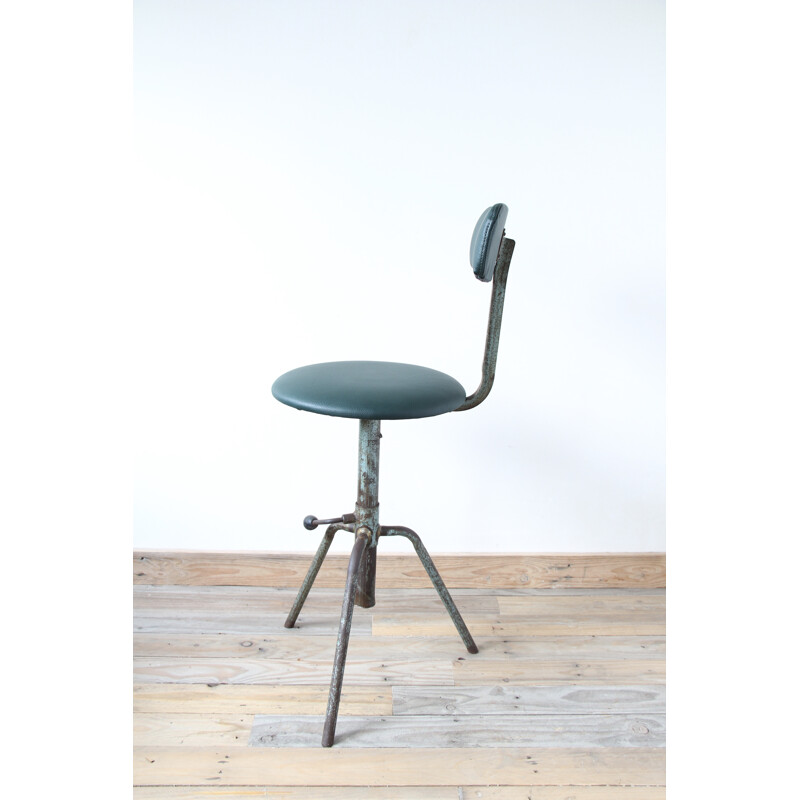 Vintage green industrial swivel chair in metal and leatherette - 1940s