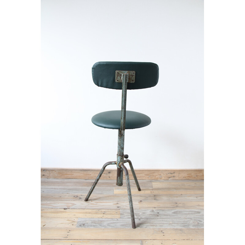 Vintage green industrial swivel chair in metal and leatherette - 1940s