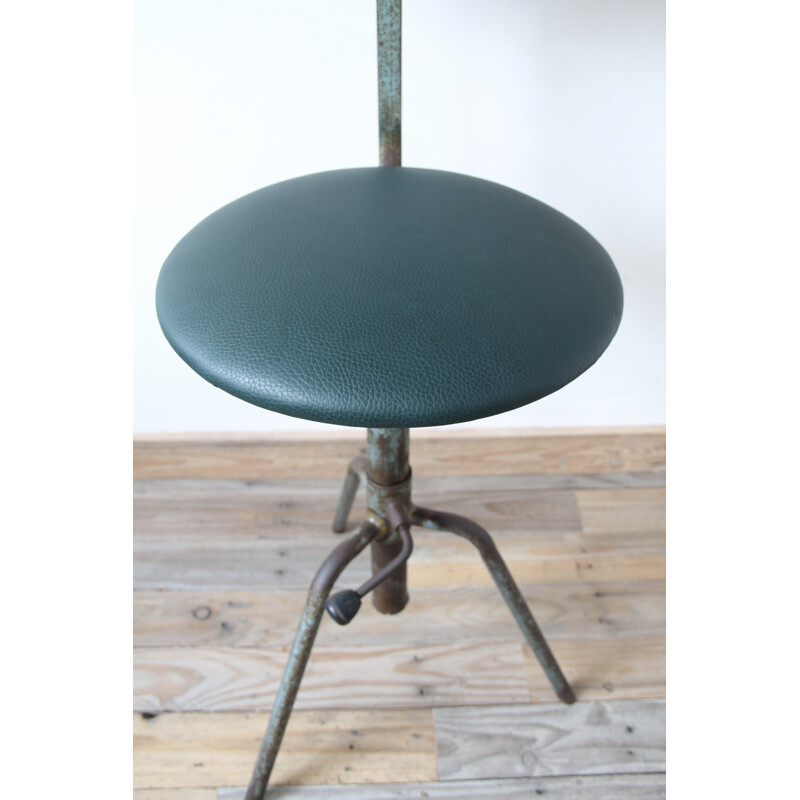 Vintage green industrial swivel chair in metal and leatherette - 1940s