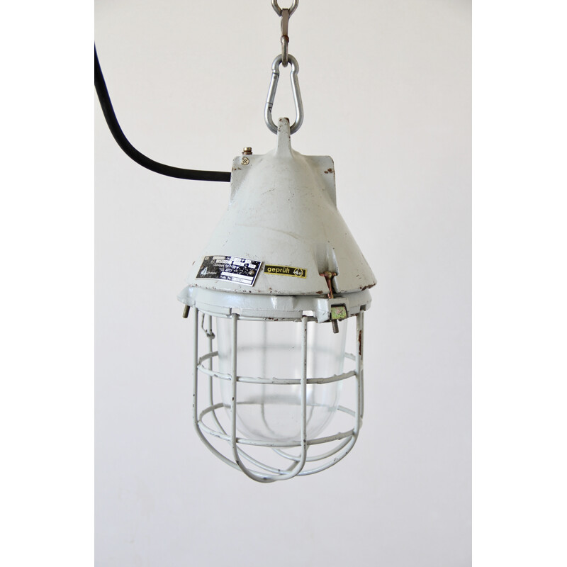 Small white industrial lamp in metal and glass - 1940s