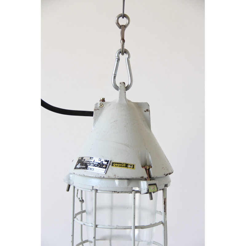 Small white industrial lamp in metal and glass - 1940s