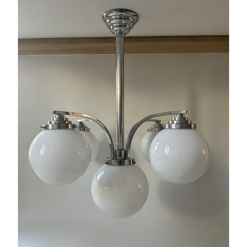 Vintage Art Deco chandelier in chrome-plated metal and opaline, France 1930