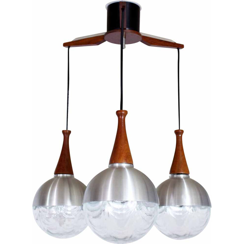 Vintage teakwood and glass chandelier for Philips, 1960