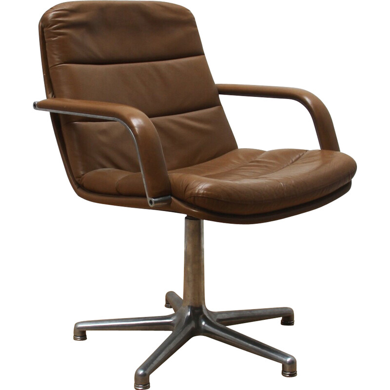 Vintage Channel office chair in brown leather and aluminum by Geoffrey Harcourt for Artifort, 1970