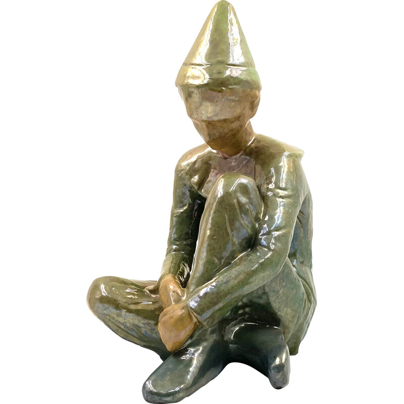 Vintage green ceramic figurine of a seated boy by Giordano Tronconi, Italy 1950