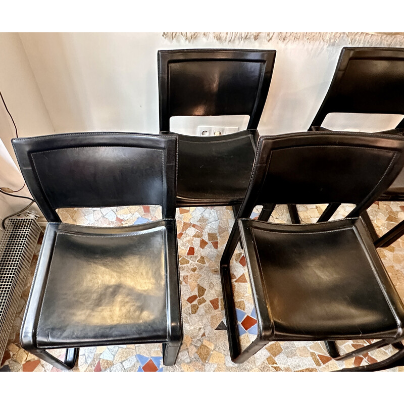 Lot de 6 chaises traineaux vintage cuir marron chocolat par Mattéo Grassi, 1980