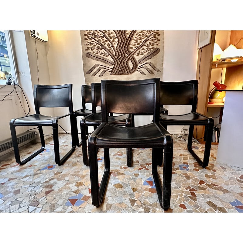 Set of 6 vintage chocolate brown leather sled chairs by Mattéo Grassi, 1980
