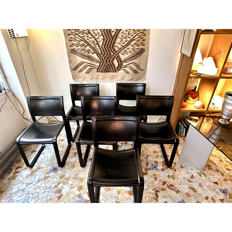 Conjunto de 6 cadeiras vintage de trenó em pele castanha chocolate de Mattéo Grassi, 1980