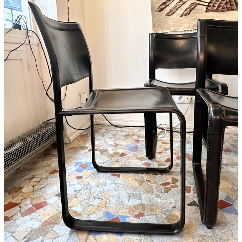 Conjunto de 6 cadeiras vintage de trenó em pele castanha chocolate de Mattéo Grassi, 1980