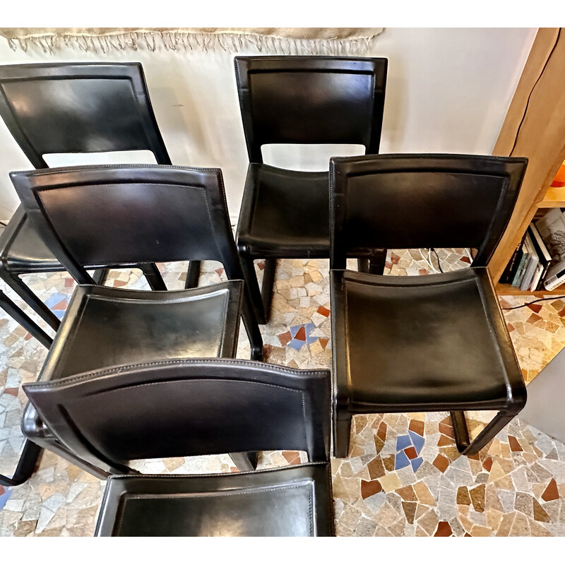 Lot de 6 chaises traineaux vintage cuir marron chocolat par Mattéo Grassi, 1980