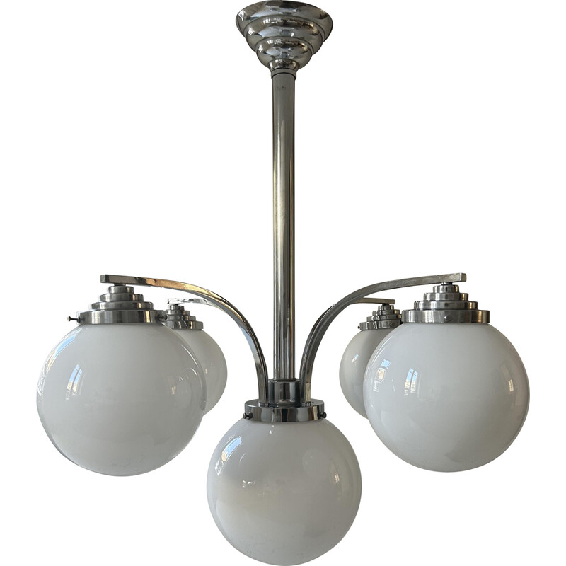 Vintage Art Deco chandelier in chrome-plated metal and opaline, France 1930