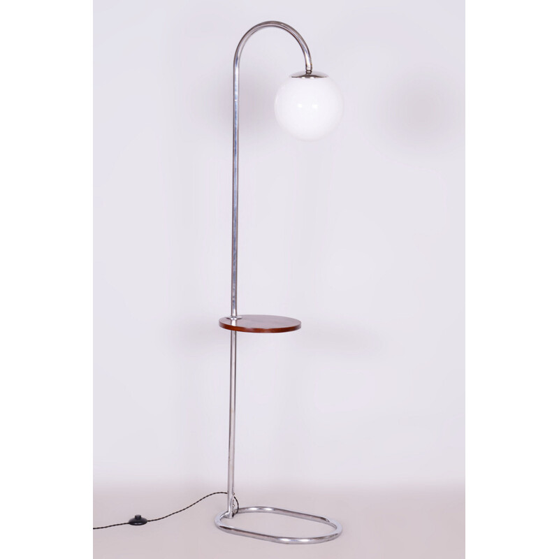 Vintage Bauhaus floor lamp in chrome steel and walnut by Hana Kucerova-Zaveska for Sab Praha, Czechoslovakia 1930