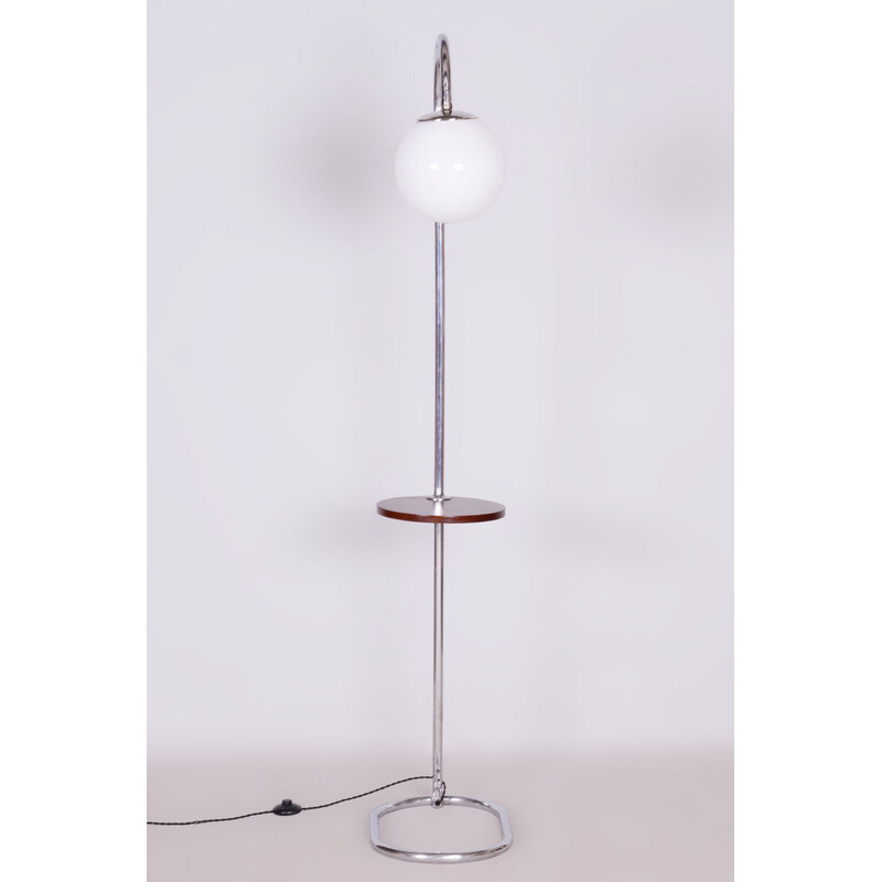 Vintage Bauhaus floor lamp in chrome steel and walnut by Hana Kucerova-Zaveska for Sab Praha, Czechoslovakia 1930