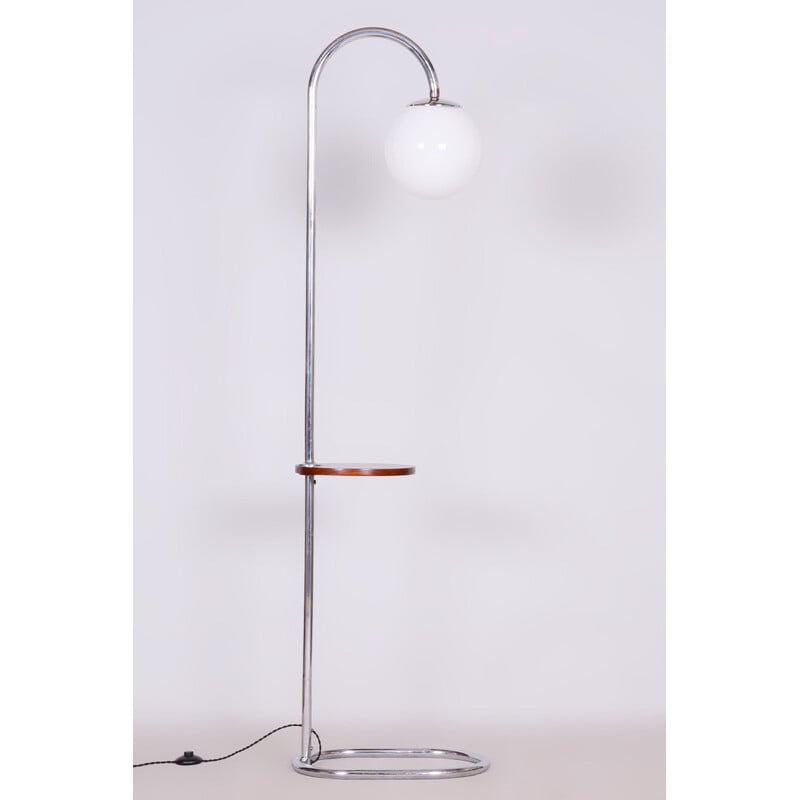 Vintage Bauhaus floor lamp in chrome steel and walnut by Hana Kucerova-Zaveska for Sab Praha, Czechoslovakia 1930